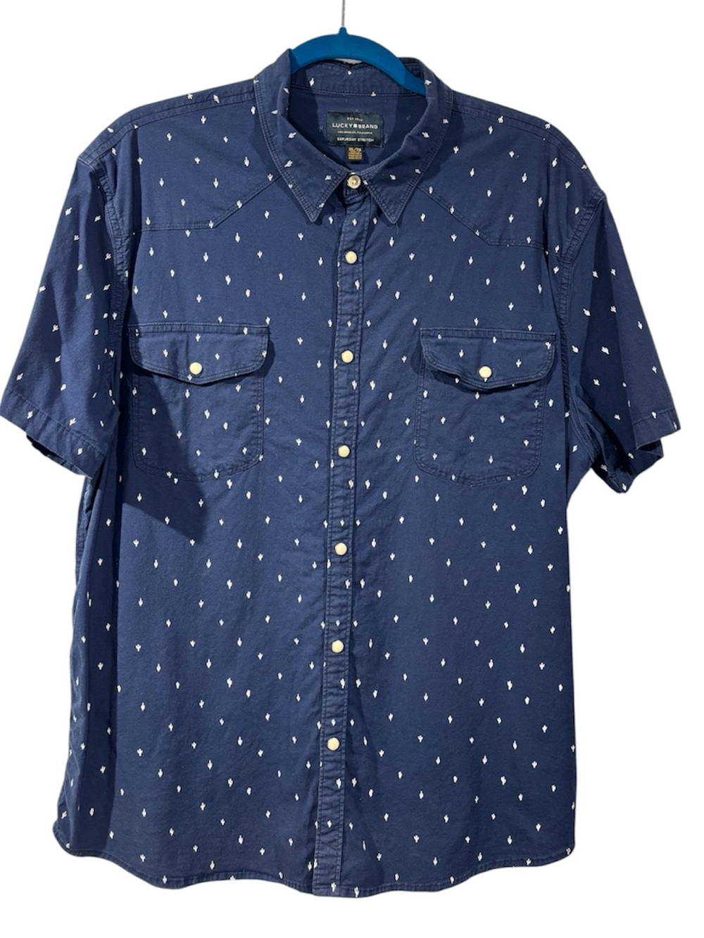 Lucky Brand Blue & White Cactus Print Button Down Shirt XL Women Stretch Casual